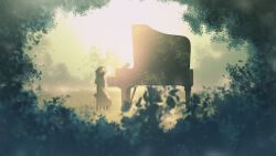 Rule 34 | 1girl, absurdres, arms behind back, bush, closed eyes, dress, facing away, forest, full body, furi0831, grand piano, grass, highres, instrument, landscape, long dress, medium hair, morning, nature, original, piano, piano bench, plant, scenery, short sleeves, sidelocks, sitting, solo, sundress, sunlight, sunrise, tree, white dress, white hair