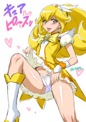 Rule 34 | 10s, 1girl, :p, artist name, blonde hair, blush, boots, bow, clothes lift, cure peace, dress, dress lift, female focus, frilled panties, frills, hair flaps, heart, joy ride, kise yayoi, lace, lace panties, leg up, long hair, magical girl, open mouth, panties, ponytail, precure, skirt, smile, smile precure!, solo, spoken heart, text focus, tiara, tongue, tongue out, translated, underwear, white panties, yellow bow, yellow dress, yellow eyes, yellow skirt, yellow theme
