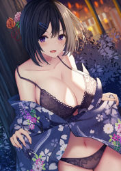 Rule 34 | 1girl, bare shoulders, black bra, black hair, black panties, blue kimono, blush, bra, breasts, cleavage, collarbone, cowboy shot, floral print, flower, hair flower, hair ornament, hairclip, highres, japanese clothes, kimono, large breasts, lingerie, liya, looking at viewer, navel, off shoulder, open clothes, open kimono, open mouth, original, outdoors, panties, parted lips, purple eyes, short hair, smile, solo, sweat, underwear