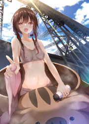 Rule 34 | 1girl, :d, animal costume, bad id, bad pixiv id, blue sky, boar costume, bottle, bra, breasts, brown hair, cloud, collarbone, day, headset, highres, lens flare, long hair, looking at viewer, medium breasts, midriff, navel, numpopo, open mouth, original, outdoors, pink eyes, pointing, sky, smile, solo, sports bra, stage lights, standing, sunlight, sweat, underwear, water bottle