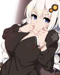 Rule 34 | 1girl, black coat, blue eyes, bracelet, braid, breasts, closed mouth, coat, collarbone, hair ornament, jewelry, kizuna akari, kuro mushi, large breasts, long hair, long sleeves, looking at viewer, pout, solo, twin braids, twintails, upper body, voiceroid, white hair