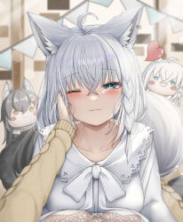 Rule 34 | 1girl, absurdres, ahoge, animal ear fluff, animal ears, aqua eyes, blush, braid, breast press, brown sweater, closed mouth, collarbone, commentary request, crossed bangs, dress, ear piercing, fox ears, fox girl, fox tail, hair between eyes, hand on another&#039;s cheek, hand on another&#039;s face, heart, highres, hololive, long hair, long sleeves, looking at viewer, one eye closed, ookami mio, ookami mio (street), piercing, ribbon, rimamo, shirakami fubuki, shirakami fubuki (street), smile, solo focus, sweater, symmetrical docking, tail, virtual youtuber, white dress, white hair, white ribbon