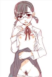 Rule 34 | 1girl, bra, bra lift, bunbun, clothes lift, commentary, female pubic hair, glasses, lifting own clothes, long sleeves, looking at viewer, nipples, open mouth, original, panties, panty pull, pubic hair, ribbon, school uniform, shirt lift, skirt, skirt lift, solo, twintails, underwear