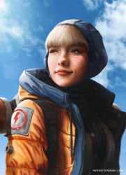 Rule 34 | 1girl, absurdres, apex legends, artist name, blonde hair, blue bodysuit, blue eyes, blue sky, blunt bangs, bodysuit, breasts, closed mouth, cloud, cloudy sky, commentary, day, drawstring, english commentary, eyelashes, freckles, highres, hood, hooded bodysuit, jacket, lichtenberg figure, lips, long sleeves, looking away, md5 mismatch, medium breasts, nathan elhanan, nose, open clothes, open jacket, outdoors, portrait, realistic, resolution mismatch, short hair, sky, smile, solo, source larger, wattson (apex legends), zipper