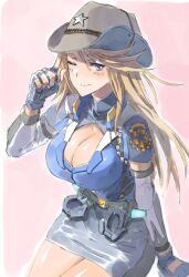 Rule 34 | 1girl, alice gear aegis, blonde hair, blue eyes, blue gloves, breasts, cleavage, cleavage cutout, clothing cutout, cowboy hat, cuffs, detached sleeves, fingerless gloves, gloves, handcuffs, hat, highres, large breasts, long hair, looking at viewer, one eye closed, pencil skirt, shirley oakley, short sleeves, simple background, sitting, skirt, smile, solo, star (symbol), suzumaru