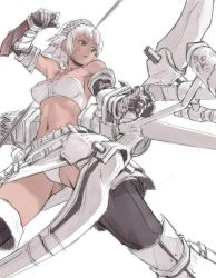 Rule 34 | 1girl, archer (fate), armor, armpits, arrow (projectile), bandeau, bare shoulders, bow (weapon), breasts, brown eyes, capcom, elbow gloves, fate (series), foreshortening, from below, gloves, hairband, marksman, midriff, monster hunter (series), navel, panties, pantyshot, short hair, simple background, sketch, solo, strapless, sun-3, sweat, thighhighs, thighs, tube top, underwear, weapon, white background, white hair, white theme