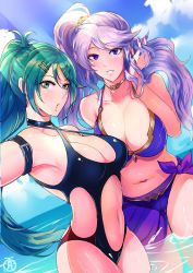 Rule 34 | 2girls, arm band, breasts, cleavage, fire emblem, fire emblem heroes, gold choker, green hair, highres, ishtar (fire emblem), kurono kiria, large breasts, looking at viewer, multiple girls, nintendo, parted lips, partially submerged, purple hair, revolverwing, see-through, silver bracelet, smile, tokyo mirage sessions fe, water