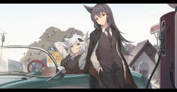 Rule 34 | 2girls, alternate costume, animal ears, arknights, arms behind head, arms up, black coat, black hair, black pants, black vest, blue neckwear, brown eyes, building, car, chevrolet, chevrolet corvette, chinese commentary, coat, commentary request, cowboy shot, gas pump nozzle, grey eyes, grin, hair between eyes, hair ornament, hairclip, head tilt, highres, jacket, jacket on shoulders, lappland (arknights), letterboxed, long hair, long sleeves, looking at viewer, motor vehicle, multiple girls, necktie, nian (zhanian), outdoors, pants, power lines, shirt, silver hair, smile, standing, texas (arknights), tree, vest, white shirt, wing collar, wolf ears