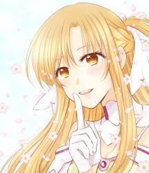 Rule 34 | 1girl, :d, armor, asuna (stacia), blonde hair, braid, brown eyes, cherry blossoms, choker, detached sleeves, finger to mouth, floating hair, french braid, gloves, hair between eyes, hair ornament, index finger raised, kanaoto neiro, long hair, open mouth, shushing, smile, solo, sword art online, very long hair, white background, white choker, white gloves, white sleeves, yellow armor