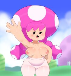 Rule 34 | 1girl, armpits, body blush, breasts, curvy, highres, large breasts, leggings, mario (series), nintendo, nipples, pink hair, polka dot, shiny skin, shortstack, smile, somescrub, sweat, thick thighs, thighs, toadette, topless, twintails, waving, wide hips
