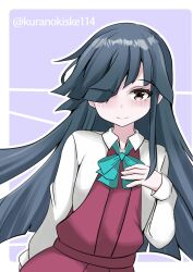 Rule 34 | 1girl, aqua bow, aqua bowtie, black hair, bow, bowtie, brown eyes, collared shirt, commentary request, dress, dress shirt, grey background, hair over one eye, hayashimo (kancolle), highres, kantai collection, kurano kisuke, long hair, one-hour drawing challenge, pleated dress, purple dress, school uniform, shirt, smile, solo, twitter username, two-tone background, white shirt