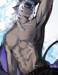 Rule 34 | 1boy, abs, alchemy stars, arm up, armpits, axianorange, black pants, chinese commentary, commentary request, furry, furry male, highres, horns, istvan (alchemy stars), looking at viewer, male focus, multiple scars, nipples, pants, pectorals, scar, scar on arm, scar on chest, scar on stomach, tail, topless male, white background, white hair