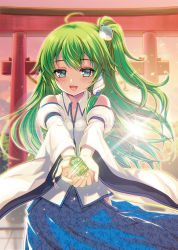 Rule 34 | 1girl, ahoge, bare shoulders, blush, charm (object), commentary request, detached sleeves, frog, frog hair ornament, green eyes, green hair, hair ornament, hair tubes, holding, kochiya sanae, kumao mofumofu, long hair, looking at viewer, matching hair/eyes, open mouth, side ponytail, skirt, smile, solo, touhou, wide sleeves
