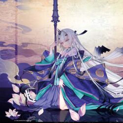 Rule 34 | 1girl, blunt bangs, choco (chocolate shop), choker, fate/grand order, fate (series), flower, front slit, hair between eyes, hair intakes, hair ornament, hakama, highres, holding, holding polearm, holding weapon, horns, japanese clothes, kimono, kneeling, layered clothes, layered kimono, long hair, looking at viewer, lotus, melusine (dream portrait) (fate), melusine (fate), multicolored clothes, obi, official alternate costume, official art, patterned clothing, polearm, purple kimono, sash, sidelocks, solo, spear, thighs, very long hair, weapon, white hair, yellow eyes