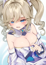 Rule 34 | 1girl, barbara (genshin impact), blonde hair, blue background, blue eyes, blush, breasts, cleavage, clothes pull, commentary request, cross, detached collar, detached sleeves, dress, dress pull, genshin impact, hand up, highres, kodama (koda mat), large breasts, long hair, looking away, open mouth, sidelocks, solo, twintails, upper body, white background, white dress