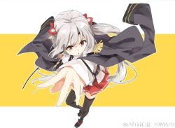 Rule 34 | &gt;:o, 1girl, :o, aiguillette, belt, black footwear, black jacket, black thighhighs, epaulettes, foreshortening, from above, full body, grey hair, hair ornament, jacket, jacket on shoulders, long sleeves, looking at viewer, looking up, low ponytail, military, military uniform, outline, pleated skirt, pointer, red eyes, red skirt, ryuujou (warship girls r), shoes, simple background, skirt, solo, thighhighs, tomato (lsj44867), uniform, v-shaped eyebrows, warship girls r, weibo watermark, white jacket, white outline