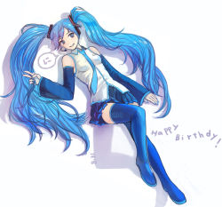 Rule 34 | 1girl, bad id, bad pixiv id, bare shoulders, blue eyes, blue hair, blue nails, detached sleeves, hatsune miku, legs, long hair, lying, matching hair/eyes, nail polish, necktie, on back, sime (echo), skirt, smile, solo, thighhighs, twintails, vocaloid, zettai ryouiki