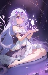 1girl absurdres bare_legs bare_shoulders barefoot breasts choker circlet closed_mouth crystal face_jewel feet gem gyool hair_ornament highres hololive hololive_english jewel_under_eye koseki_bijou long_hair looking_at_viewer purple_eyes purple_hair sitting small_breasts solo very_long_hair virtual_youtuber wariza