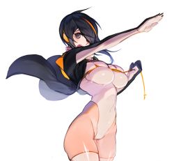 Rule 34 | 10s, 1girl, @ @, arm up, black eyes, black hair, breasts, covered navel, cowboy shot, emperor penguin (kemono friends), hair over one eye, headphones, henshin pose, impossible clothes, impossible leotard, jacket, kamen rider, kemono friends, large breasts, leotard, looking at viewer, multicolored hair, olys, open clothes, open jacket, open mouth, outstretched arm, simple background, skindentation, solo, streaked hair, thighhighs, wavy mouth, white background, white thighhighs