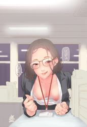 Rule 34 | 1girl, :p, bad id, bad twitter id, bent over, black jacket, blush, breasts, breasts out, brown-framed eyewear, brown eyes, clothes pull, commentary request, downblouse, earrings, fingernails, glasses, grey hair, highres, id card, indoors, jacket, jewelry, kunami himehiko, leaning forward, lips, long sleeves, looking at viewer, medium breasts, name tag, neon lights, nipples, no bra, office lady, open clothes, original, shirt, shirt pull, short sleeves, smile, solo, tongue, tongue out, white shirt