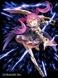 Rule 34 | 1girl, armor, armored dress, black background, fang, frilled skirt, frills, full body, gaou (umaiyo puyoman), gem, highres, holding, holding weapon, lightning bolt symbol, official art, orange eyes, outstretched arm, pink hair, skirt, smile, solo, sword, thousand memories, twintails, weapon