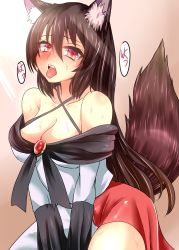 Rule 34 | 1girl, animal ears, bad id, bad pixiv id, breasts, brooch, brown hair, cleavage, collarbone, dress, fang, fujimori tonkatsu, highres, imaizumi kagerou, jewelry, large breasts, long sleeves, off shoulder, open mouth, red eyes, solo, speech bubble, tail, touhou, translation request, wide sleeves, wolf ears, wolf tail