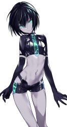 Rule 34 | 1girl, aqua eyes, aqua necktie, bad id, bad twitter id, belly, black hair, black shirt, blouse, breasts, colored skin, expressionless, formal, gloves, hair between eyes, highres, legs, looking at viewer, maruchi, navel, necktie, original, pale skin, see-through, shirt, short shorts, shorts, simple background, small breasts, solo, stomach, suit, swept bangs, tagme, white background