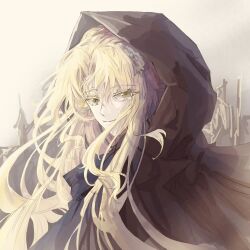 Rule 34 | 1girl, audrey hall, blonde hair, brown cloak, building, chinese commentary, cloak, colored eyelashes, commentary request, crying, crying with eyes open, day, green eyes, highres, knight-flower, long hair, looking at viewer, lord of the mysteries, out of frame, outdoors, smile, solo, tears