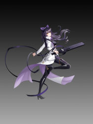 Rule 34 | 1girl, absurdres, anastasia (angelisa j), black footwear, black hair, black pants, blake belladonna, boots, bow, breasts, coat, floating hair, full body, grey background, hair bow, highres, holding, holding sword, holding weapon, kama (weapon), long hair, long sleeves, looking at viewer, medium breasts, open clothes, open coat, pants, purple bow, rwby, sickle, simple background, solo, standing, sword, thigh boots, thighhighs, very long hair, weapon, white coat, yellow eyes