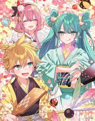 Rule 34 | 1boy, 2girls, :d, :q, ^ ^, black kimono, blonde hair, blush, calligraphy brush, closed eyes, closed mouth, commentary request, fur collar, green eyes, green hair, green kimono, hagoita, hair between eyes, hanagata, hane (hanetsuki), hanetsuki, hatsune miku, holding, holding paintbrush, japanese clothes, kagamine len, kimono, long hair, long sleeves, megurine luka, multiple girls, obi, open clothes, open mouth, paddle, paintbrush, pink hair, sash, smile, tongue, tongue out, twintails, v-shaped eyebrows, very long hair, vocaloid, wide sleeves