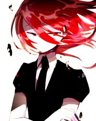 Rule 34 | androgynous, black necktie, black shirt, cinnabar (houseki no kuni), closed eyes, collared shirt, commentary, crossed arms, gender request, hair between eyes, half-closed eyes, hiiragi fuyuki, houseki no kuni, necktie, puffy short sleeves, puffy sleeves, red eyes, red hair, shirt, short hair, short sleeves, simple background, solo, upper body, white background, white shirt, wing collar