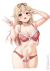 Rule 34 | 1girl, arm up, blonde hair, bow, bow bra, bow panties, bra, breasts, cleavage, cropped legs, double v, ebifurya, eyebrows hidden by hair, fang, frilled bra, frilled panties, frilled underwear, frills, gluteal fold, gradient hair, hair flaps, hair ornament, highres, kantai collection, long hair, medium breasts, multicolored hair, navel, one-hour drawing challenge, open mouth, panties, pink bra, pink hair, pink panties, red eyes, simple background, solo, thigh gap, twitter username, underwear, underwear only, v, white background, yuudachi (kancolle), yuudachi kai ni (kancolle)