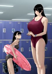 Rule 34 | 2girls, black hair, black one-piece swimsuit, blush, breasts, bulge, cleavage, erection, erection under clothes, futa with female, futanari, height difference, highres, hiramedousa, huge breasts, innertube, locker, locker room, long hair, multiple girls, one-piece swimsuit, original, parted lips, penis in swimsuit, profile, red one-piece swimsuit, shadow, size difference, small breasts, smile, swim ring, swimsuit, very long hair