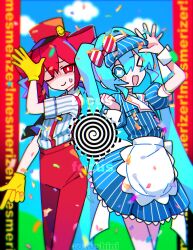 Rule 34 | &gt; o, + +, 2girls, absurdres, alternate costume, apron, artist name, blue dress, blue eyes, blue hair, blue hat, blue sky, blush, border, bow, buttons, channel ( caststation) (style), charu (rokushini), clenched hand, closed mouth, cloud, collared dress, commentary, confetti, crossdressing, double-breasted, dress, drill hair, forced smile, gloom (expression), gloves, hair vow, hands up, hat, hatsune miku, highres, hill, kasane teto, long hair, looking at viewer, mesmerizer (vocaloid), multiple girls, one eye closed, open mouth, pants, pillarboxed, pinstripe dress, pinstripe hat, pinstripe pattern, puffy short sleeves, puffy sleeves, red border, red eyes, red hair, red hat, red pants, shaded face, short sleeves, sky, small sweatdrop, smile, spiral, striped bow, suspenders, twin drills, twintails, very long hair, visor cap, vocaloid, waist apron, waiter, waitress, white apron, wrist cuffs, yellow gloves