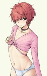Rule 34 | 1boy, androgynous, bad id, bad twitter id, black eyes, brown hair, choker, collar, collarbone, crossdressing, front-tie top, hair over one eye, hand on own chest, highres, lace, lace-trimmed panties, lace trim, long sleeves, looking at viewer, navel, original, panties, pas (paxiti), pink shirt, shirt, short hair, simple background, trap, underwear, white panties