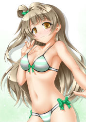Rule 34 | 10s, 1girl, :3, bikini, breasts, brown eyes, brown hair, cleavage, highres, long hair, looking at viewer, love live!, love live! school idol festival, love live! school idol project, matching hair/eyes, minami kotori, navel, roura, shiny skin, side ponytail, smile, solo, strap lift, striped bikini, striped clothes, swimsuit