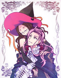 Rule 34 | 1boy, 1girl, bare shoulders, brown hair, cape, ascot, detached sleeves, closed eyes, fate/grand order, fate (series), flower, glasses, gloves, green eyes, hat, leonardo da vinci (fate), long hair, open mouth, pink hair, ring, romani archaman, smile, suit, witch hat