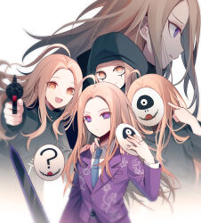 Rule 34 | 5boys, :d, ?, ahoge, aiming, aiming at viewer, black coat, black eyeliner, blonde hair, blue necktie, brown eyes, closed mouth, coat, collared shirt, covered face, cropped torso, empty eyes, eyeliner, furrowed brow, gun, hand up, highres, holding, holding gun, holding mask, holding weapon, hood, hood up, jacket, jewelry, long hair, long sleeves, looking at viewer, makeup, makoto kagutsuchi, male focus, mask, master detective archives: rain code, multiple boys, multiple persona, necktie, open mouth, pants, pointing, pointing at self, pointing at viewer, pointing gun, profile, purple eyes, purple jacket, purple pants, qiao xing, ring, shirt, simple background, smile, spoilers, sword, unworn mask, upper body, weapon, white background, white shirt