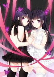 Rule 34 | 10s, 2girls, backless dress, backless outfit, bad id, bad pixiv id, bare back, bare shoulders, black dress, black hair, black legwear, bow, bug, butterfly, choker, dress, dual persona, etou (cherry7), frills, from behind, garter straps, highres, hime cut, holding hands, insect, inu x boku ss, lolita fashion, long hair, looking at viewer, looking back, multiple girls, purple eyes, ribbon, shirakiin ririchiyo, skirt, sleeveless, sleeveless dress, thighhighs, white dress, white legwear, white skirt