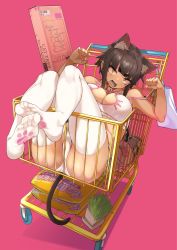 Rule 34 | 1girl, absurdres, animal ear fluff, animal ears, bag, bell, blush, box, breasts, brown hair, can, canned food, cat ears, cat girl, cat tail, choker, cleavage, cleavage cutout, clenched hand, clothing cutout, eyes visible through hair, fang, feet, fingernails, grass, highres, jovejun, large breasts, looking at viewer, neck bell, open mouth, original, panties, paw print, pink background, red choker, shopping cart, short eyebrows, short hair, simple background, solo, tail, teeth, thighhighs, tongue, underwear, upper teeth only, white panties, white thighhighs, yellow eyes