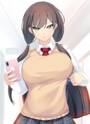 Rule 34 | 1girl, bag, blue eyes, breasts, brown hair, cellphone, highres, large breasts, long hair, looking at viewer, low twintails, mole, mole under eye, necktie, original, phone, pleated skirt, school bag, school uniform, shiki (psychedelic g2), skirt, smartphone, solo, twintails, vest