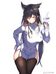 Rule 34 | 1girl, animal ears, atago (azur lane), azur lane, black garter straps, black hair, brown thighhighs, buttons, dated, double-breasted, garter straps, gloves, highres, index finger raised, jacket, leaning forward, long hair, looking at viewer, m-&gt;g, microskirt, military, military uniform, mole, mole under eye, naval uniform, one eye closed, simple background, skindentation, skirt, solo, thigh gap, thighhighs, uniform, very long hair, white background, white gloves, white jacket, white skirt, yellow eyes
