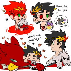 Rule 34 | 1boy, ancient greek clothes, bbeard3, black hair, blood, blood on face, cerberus (hades), chibi, dog, english text, greco-roman clothes, green eyes, hades (series), hades 1, heart, heterochromia, laurel crown, male focus, pool of blood, red eyes, single bare shoulder, skull, zagreus (hades)