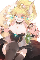 Rule 34 | 1girl, 2018, armlet, artist name, black dress, black thighhighs, blonde hair, blue eyes, bowsette, bracelet, breasts, cleavage, collar, dress, fingernails, grin, hair between eyes, highres, horns, jewelry, large breasts, leg up, looking at viewer, maou skun, mario (series), nail polish, new super mario bros. u deluxe, nintendo, outstretched arm, pointy ears, ponytail, sharp fingernails, sharp teeth, smile, solo, spiked armlet, spiked bracelet, spiked collar, spiked shell, spiked tail, spikes, strapless, strapless dress, super crown, tail, teeth, thick eyebrows, thighhighs
