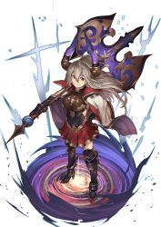 Rule 34 | 10s, 1girl, armor, axe, bazooka oiran, black thighhighs, boots, cape, draph, from above, full body, gauntlets, granblue fantasy, grey hair, hair between eyes, hand on own hip, high heel boots, high heels, holding, holding weapon, horns, legs apart, long hair, long sleeves, looking at viewer, magic, over shoulder, pleated skirt, purple eyes, skirt, smile, solo, standing, thighhighs, threo (granblue fantasy), weapon, weapon over shoulder