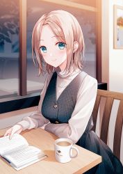 Rule 34 | 1girl, arms on table, bad id, bad pixiv id, bird, black dress, blonde hair, blue eyes, blush, book, branch, breasts, buttons, chair, coffee, coffee mug, cup, drawing (object), dress, earrings, highres, holding, holding book, jewelry, leaf, looking at viewer, medium breasts, mug, necklace, night, on chair, open book, original, parted bangs, penguin, picture frame, reading, reflection, reflective wall, short hair, sitting, smile, solo, sweater, table, tadano yukiko, tree, turtleneck, turtleneck sweater, window