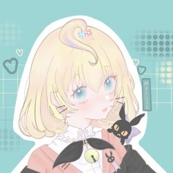 Rule 34 | 1girl, ahoge, bell, black cat, black jacket, blonde hair, blush, bob cut, bow, bowtie, cardigan, cat, character name, circle, green background, green eyes, grid background, hair ornament, hairclip, heart, highres, iktsuar78924960, jacket, looking at viewer, lucie (millie parfait), millie parfait, nijisanji, nijisanji en, orange cardigan, shirt, solo, virtual youtuber, white shirt, witch