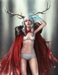 Rule 34 | antlers, bikini, blue gloves, breasts, cape, cleavage, expressionless, fur cape, gloves, green eyes, highres, horns, looking at viewer, midriff, navel, original, parted lips, red cape, short hair, silver hair, small breasts, snow, snowflakes, snowing, standing, stomach, swimsuit, unodu, white bikini