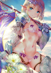 Rule 34 | 1girl, absurdres, armor, banner, blonde hair, blue eyes, bra, breasts, cleavage, day, elf, garland (decoration), highres, holding, holding sword, holding weapon, leg armor, ogata tei, original, pauldrons, pointy ears, short hair, shoulder armor, small breasts, solo, sword, underwear, weapon