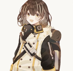 Rule 34 | 1girl, arknights, bird, bird mask, blush, brown hair, figmnts, gas mask, highres, jacket, looking at viewer, magallan (arknights), mask, mask around neck, medium hair, multicolored hair, open mouth, penguin, rhine lab logo, short hair, simple background, smile, solo, streaked hair